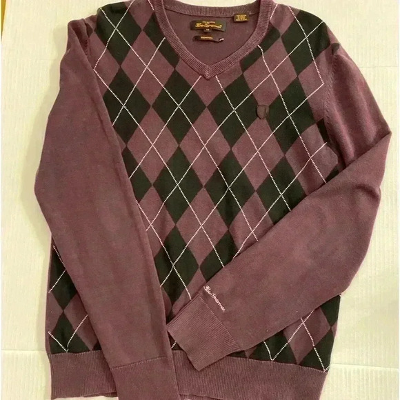 Men’s Argyle V-Neck Long Sleeve Cotton Black Purple Pullover medium - Picture 1 of 12